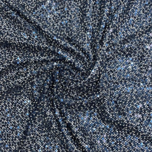 Navy Blue Colour Lycra Sequence Fish Net Embroidered Fabric