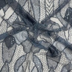 Blue Colour Grey Abstract Sequence Embroidered Net Fabric