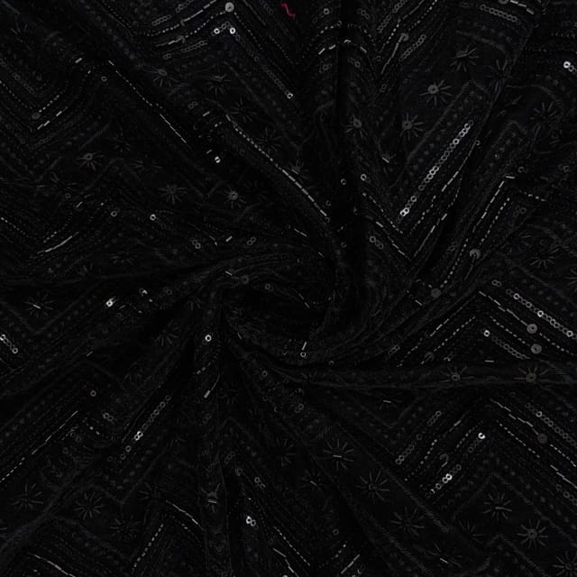 Black Colour Chevron Velvet Embroidered Fabric