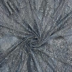 Blue Colour Grey Abstract Sequence Embroidered Net Fabric