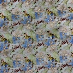 Blue MultiColour Floral Satin Tissue Embroiderd Fabric