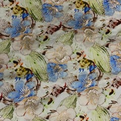 Blue MultiColour Floral Satin Tissue Embroiderd Fabric