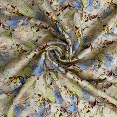 Blue MultiColour Floral Satin Tissue Embroiderd Fabric