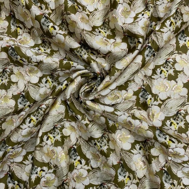 Mehndi Green Colour Floral Satin Tissue Emb Fabric