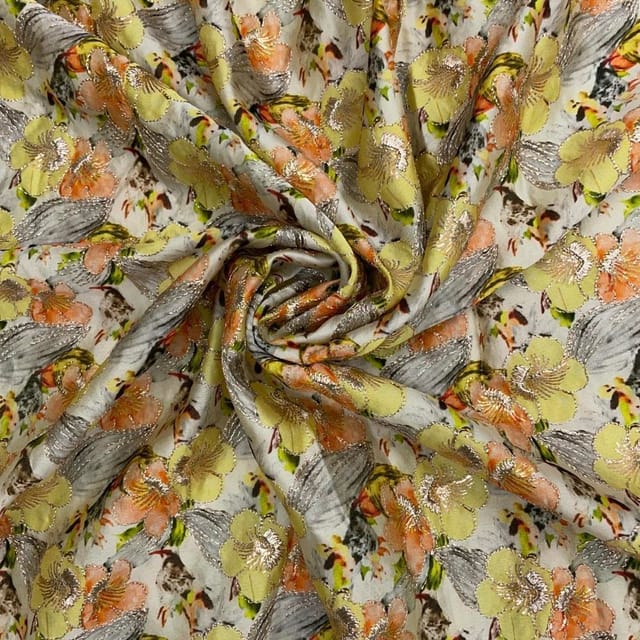 MultiColour Floral Satin Tissue Embroiderd Fabric