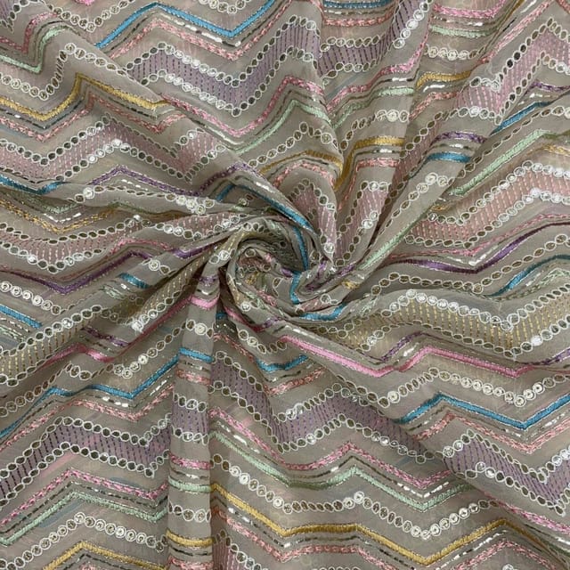 Cream Colour Chevron Georgette Embroidered Fabric