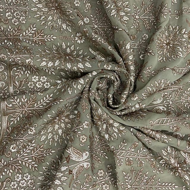 Olive Colour Traditional Georgette Embroidered Fabric