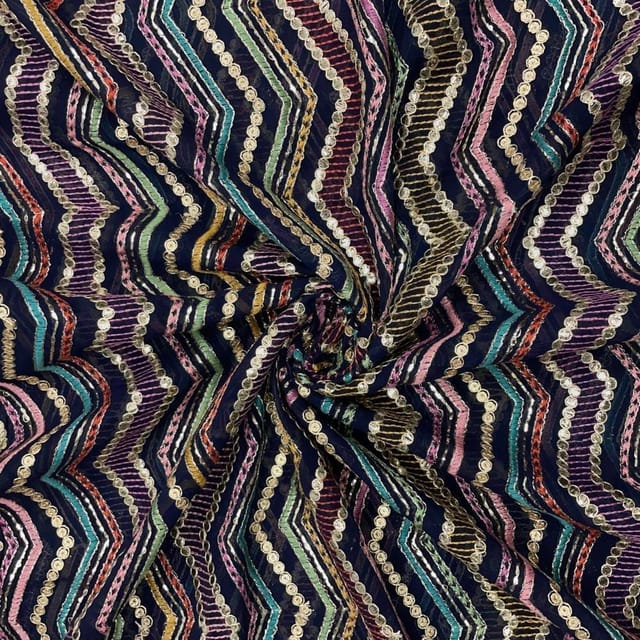 Navy Blue Colour Chevron Georgette Embroidered Fabric