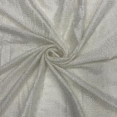 White Dyeable Geometric Chinon Embroidered Fabric