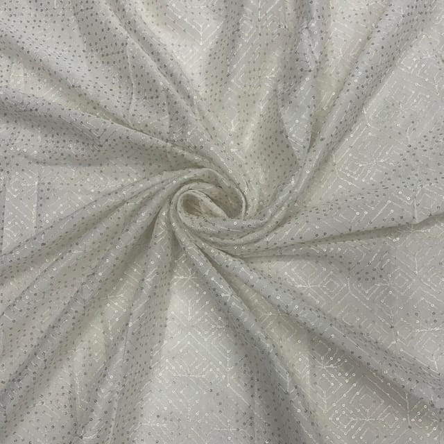 White Dyeable Geometric Chinon Embroidered Fabric