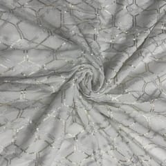 White Dyeable Abstract Chinon Embroidered Fabric
