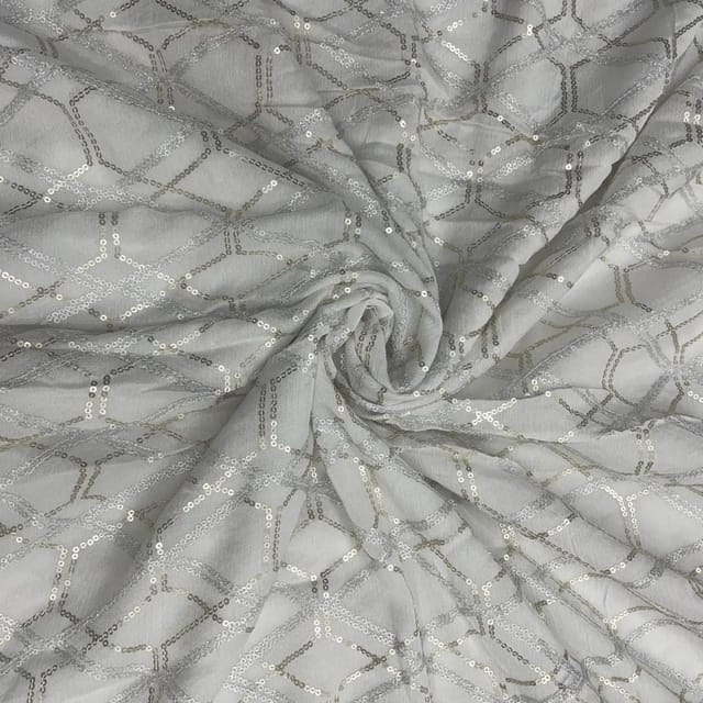 White Dyeable Abstract Chinon Embroidered Fabric