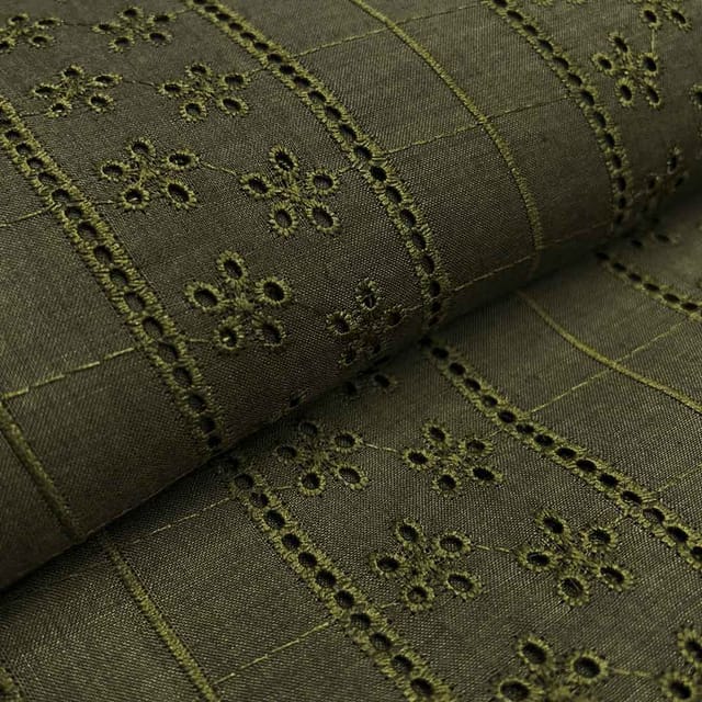 Olive Green Shade Embroidered Cotton Heavy Hakoba Fabric