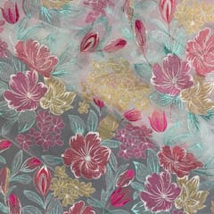 White Red MultiColour Floral Georgette Embroidered Fabric