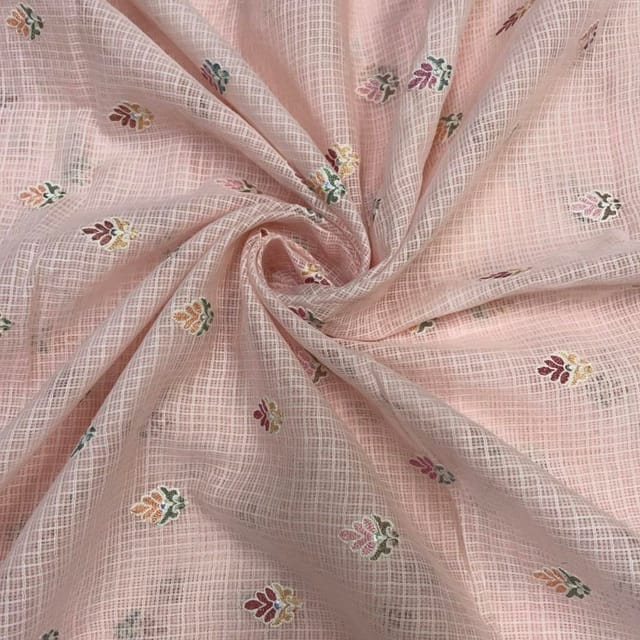 Peach Leaves Cotton Kota checks Embroidered Fabric