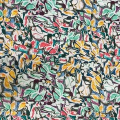 White MultiColour Leaves Rayon Printed Fabric