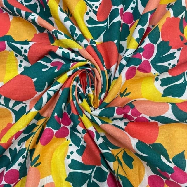 White MultiColour Floral Cotton Linen Printed Fabric
