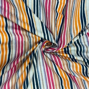 White MultiColour Stripes Cotton Linen Printed Fabric