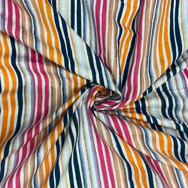 White MultiColour Stripes Cotton Linen Printed Fabric