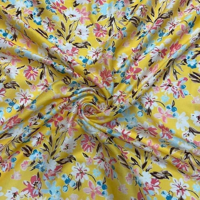 Yellow Colour Flower Pure Chanderi Printed Fabric