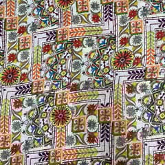 OFF White MultiColour Geometric Chanderi Printed Fabric