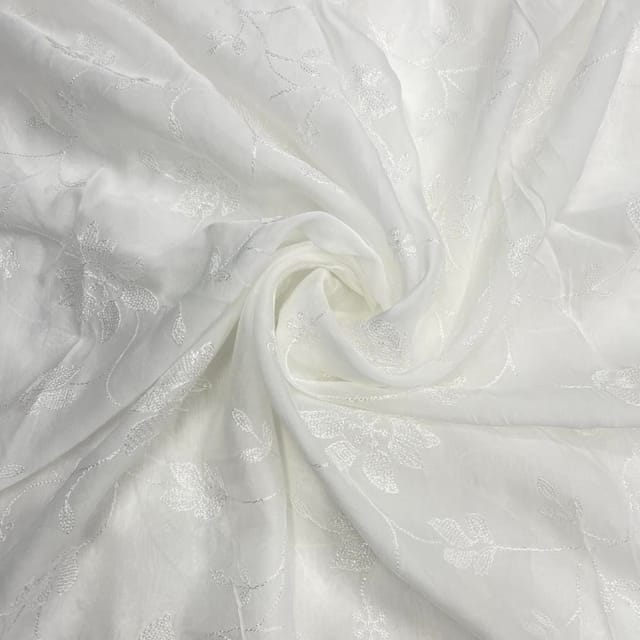 White Colour Floral Dyeable Organza Embroidered Fabric