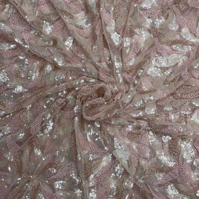 Baby Pink Colour Abstract Cut Dana Embroidered Net Fabric