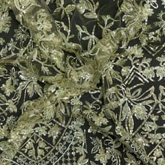 Mehndi Green Colour Geometric Embroidered Net Fabric