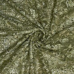 Mehndi Green Colour Geometric Embroidered Net Fabric