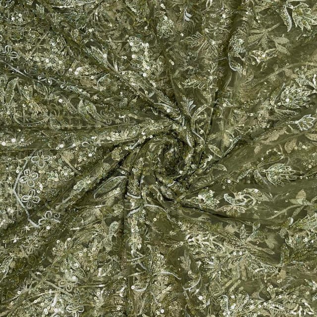 Mehndi Green Colour Geometric Embroidered Net Fabric