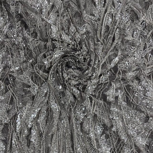 Grey Colour Floral Cut Dana Embroidered Fabric