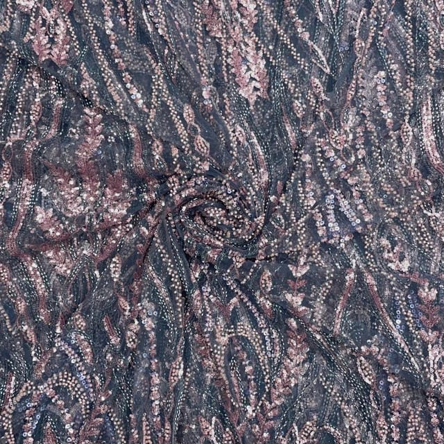 Blue & Grey Colour Floral Cut Dana Embroidered Net Fabric