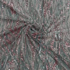 Sea Green Colour Floral Cut Dana Embroidered Net Fabric