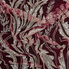 Dark Colour Rosewood Floral Cut Dana Embroidered Fabric