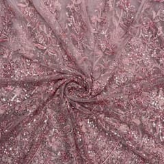 Onion Pink Colour Geometric Embroidered Net Fabric