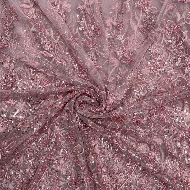 Onion Pink Colour Geometric Embroidered Net Fabric