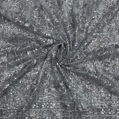 Grey Colour Geometric Embroidered Net Fabric