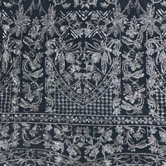 Grey Colour Geometric Embroidered Net Fabric