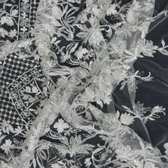 White Colour Geometric Embroidered Net Fabric