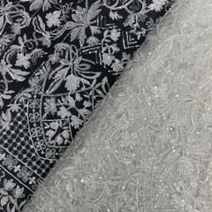 White Colour Geometric Embroidered Net Fabric