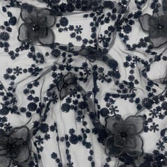 Black Colour Floral Embroidered Net Fabric