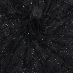 Black Colour Floral Embroidered Net Fabric