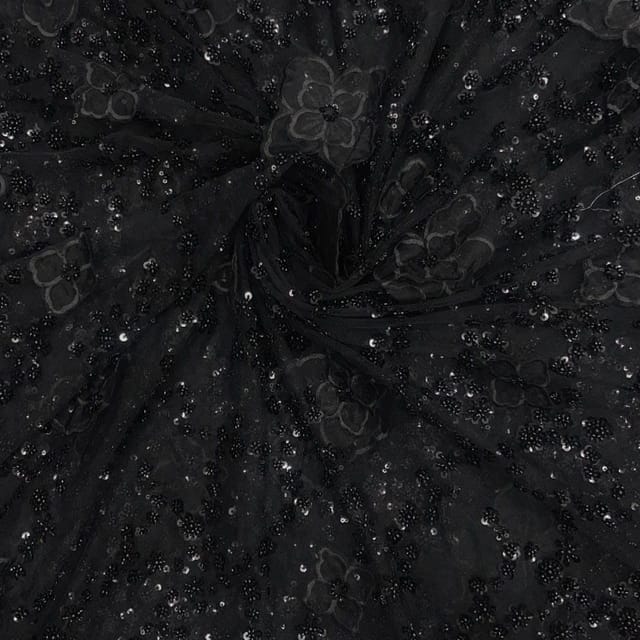 Black Colour Floral Embroidered Net Fabric