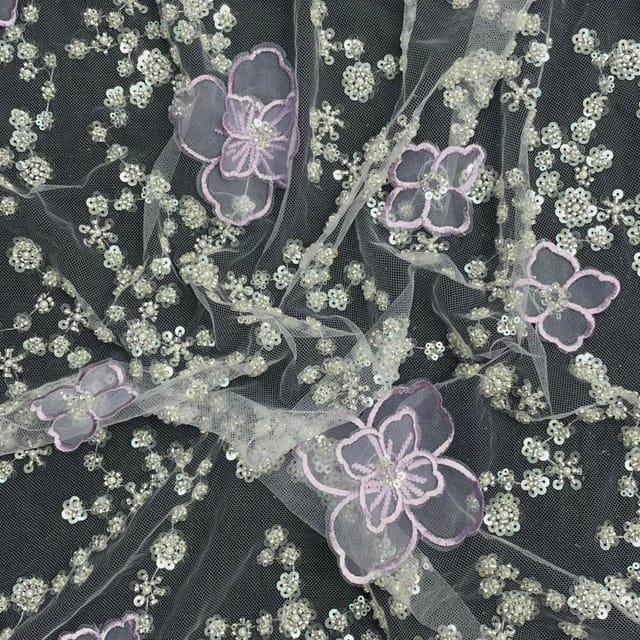 Lavender Colour Floral Embroidered Net Fabric