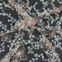 Peach Colour Floral Embroidered Net Fabric