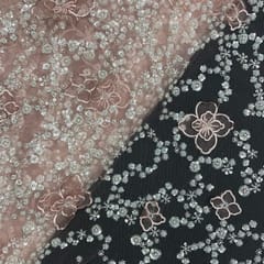 Peach Colour Floral Embroidered Net Fabric