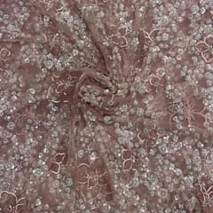 Peach Colour Floral Embroidered Net Fabric