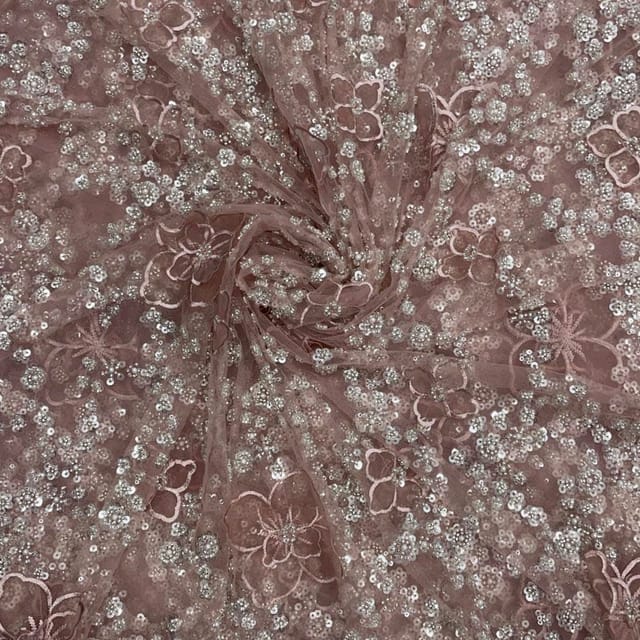 Peach Colour Floral Embroidered Net Fabric