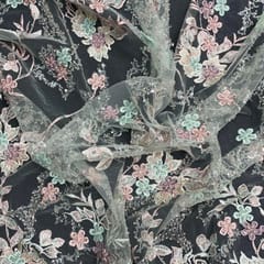 Sea Green Colour Floral Embroidered Net Fabric