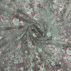 Sea Green Colour Floral Embroidered Net Fabric